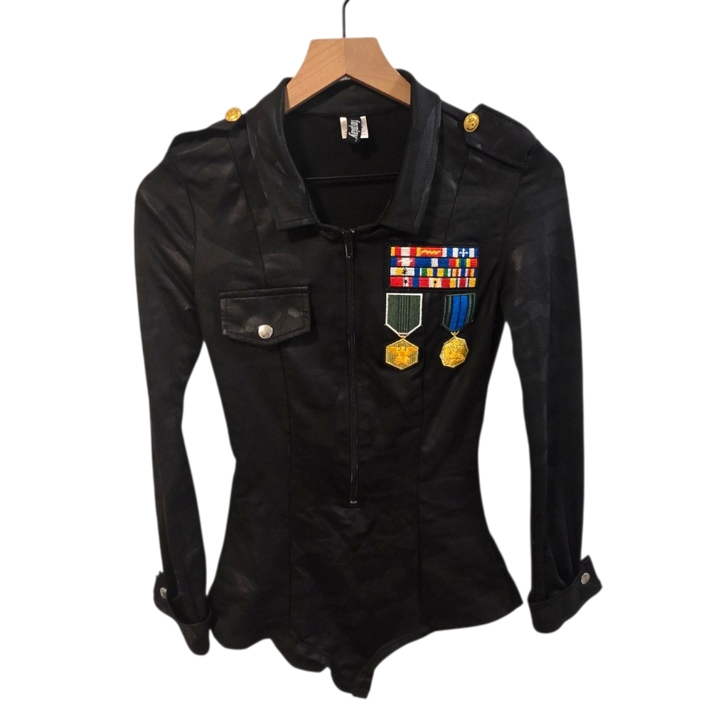 Forplay Black Military Soldier Camo Cosplay Long Sleeve Bodysuit Costume S/M